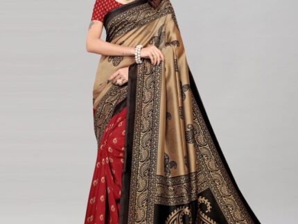 Beige And Maroon Coloured Poly Silk Printed Saree
