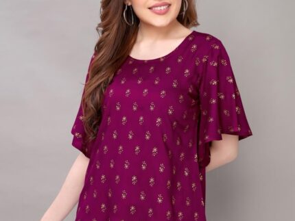 Mesmerising Purple Coloured Foil Printed Rayon Tops