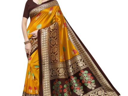 Mustard Yellow Coloured Poly Silk Printed Partywear saree