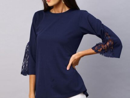 Elegant Navy Blue Coloured Russell Net Lycra Tops