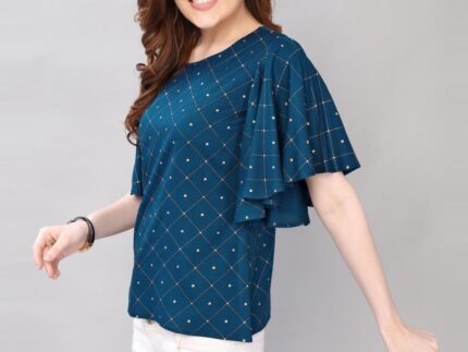Teal Blue Coloured Foil Printed Rayon Top