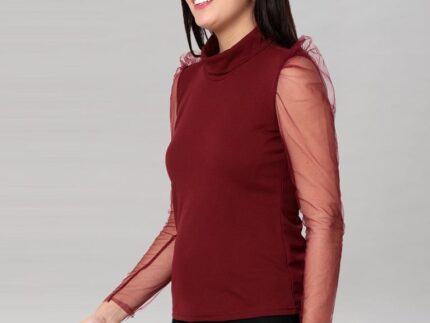 Maroon coloured Knitted Lycra Top