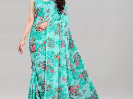 Gleaming Aqua Blue Printed Saree