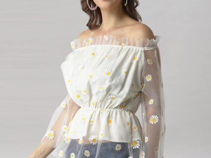 White Coloured Khadi Print Crepe Top