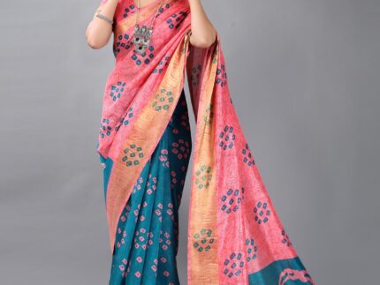 Rose Pink And Teal Bandhani Cotton Saree