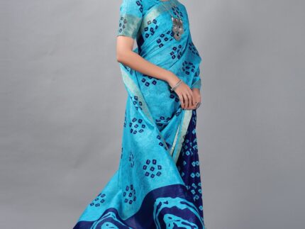 Sky Blue Bandhani Cotton Saree