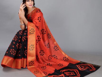 Coral Orange Bandhani Cotton Saree