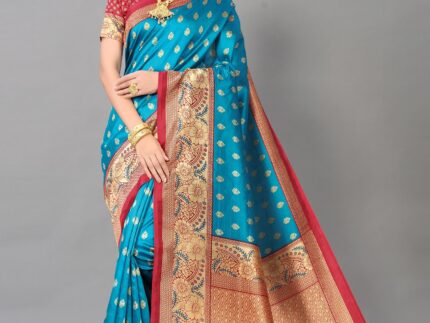 Peacock Blue And Beige Silk Saree
