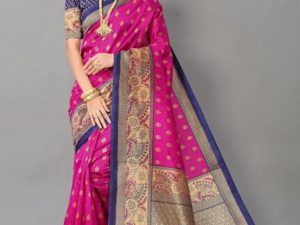 Rani Pink And Beige Silk Saree