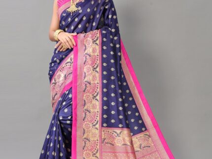 Navy Blue And Beige Silk Saree
