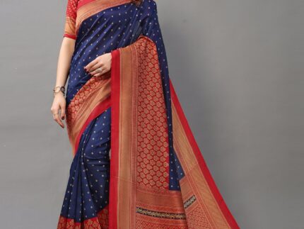 Navy Blue And Beige Silk Saree