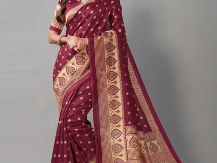 Beige And Maroon Banarasi Silk Saree
