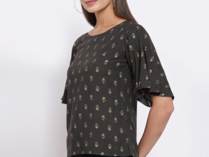 Charcol Grey Printed Rayon Top