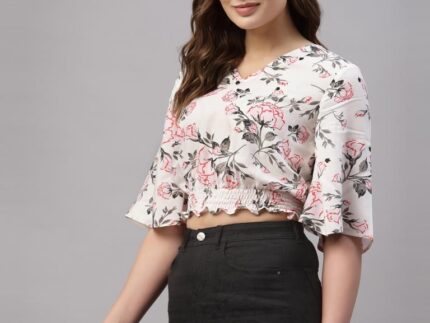 White Crop Smocked Top