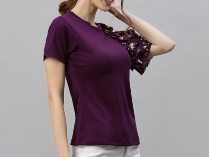 Wine One Side Ruffled Sleeve Top