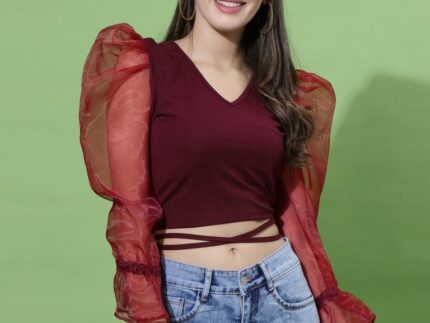 Maroon Puff Sleeve With Strap Top