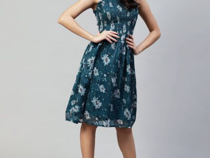 Teal Chiffon Printed Flared Dress