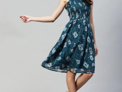 Teal Embroidery Cotton Flared Dress