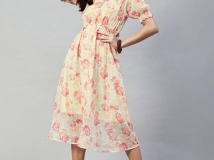 Pastel Yellow Printed Chiffon Flared Dress