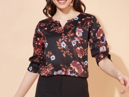 Black And Multicolour Floral Printed Top