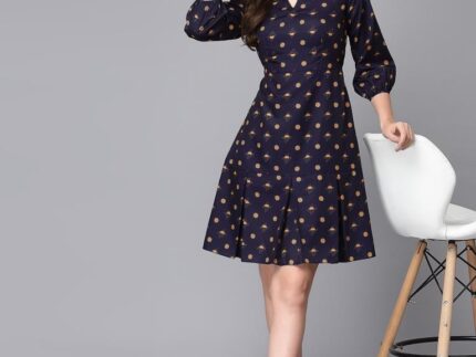 Navy Blue Printed Flared Dress
