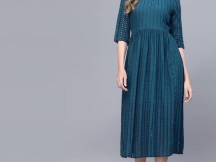 Teal Blue Rayon Plain Flared Dress