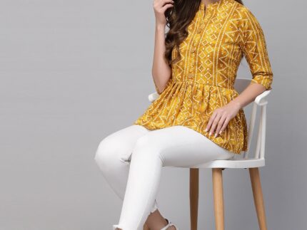 Yellow Gathered Bandhani Printed Top