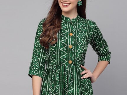 Green Gathered Bandhani Printed Top