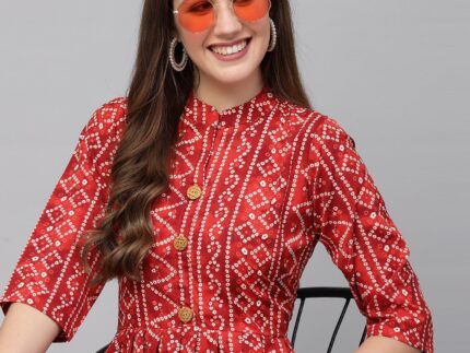 Red Gathered Bandhani Printed Top