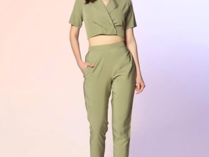 Light Olive Green Crepe Plain Co-ord Set