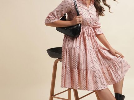 Pink Printed Flared Shirt Dress