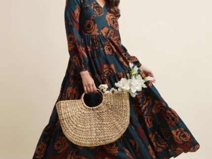 Navy Blue Printed Flared Dress