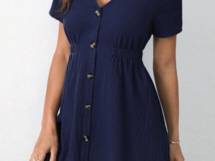Navy Blue Rayon Plain Dress