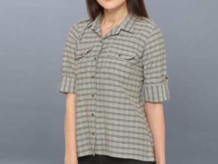 Favourable Grey Coloured Woven Checks Cotton Tops