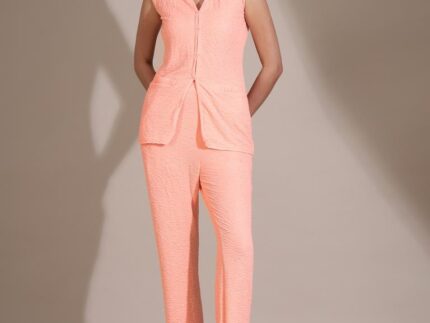 Peach Lycra Knitted  Co-ords Set