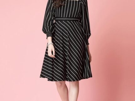 Black Polyester Printed Flared Dress