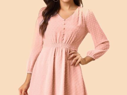 Peach Polyester Plain Flared Dress