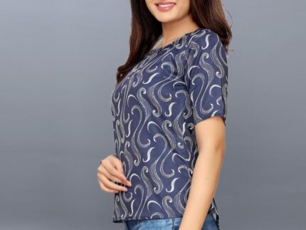 Navy Blue Coloured Poly Rayon Printed Top