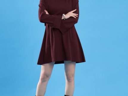 Maroon Lycra Plain A-Line Dress