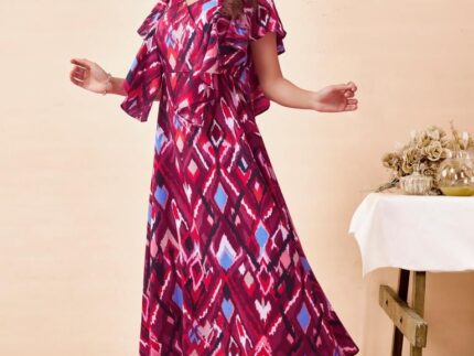 Wine Rayon Printed Flared Dress