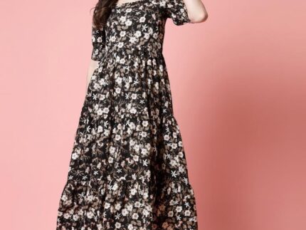 Black Polyester Printed Flared Dress