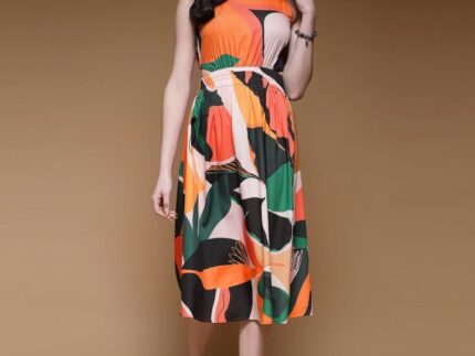 Orange Crepe Printed Straight Dress