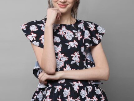 Sparkling Black Coloured Printed Crepe Tops