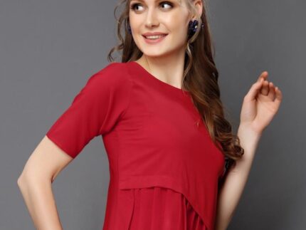 Modish Red Coloured Plain Crepe Tops