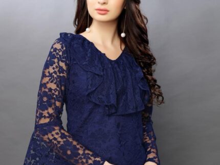 Astounding Navy Blue Coloured Net Russell Net Tops